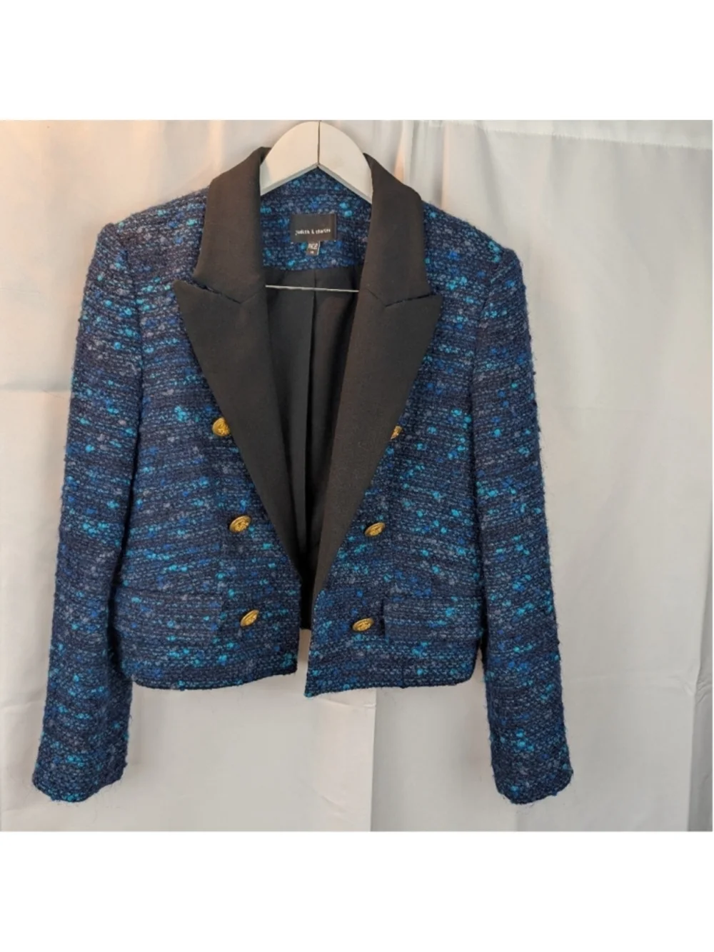 Judith And Charles Women's Blue Tweed Jacket with Black Lapel Size 10(fits small